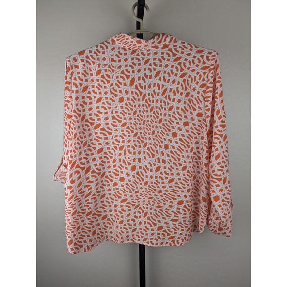 Chico's 3 XL Orange Print Collared Long Roll Tab Sleeve Button Front Blouse - Picture 2 of 7
